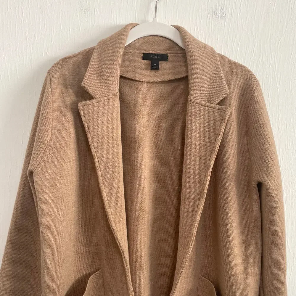 J. Crew Knit Sweater Blazer XS Tan Merino Wool Oversized Open Front Preppy Work
